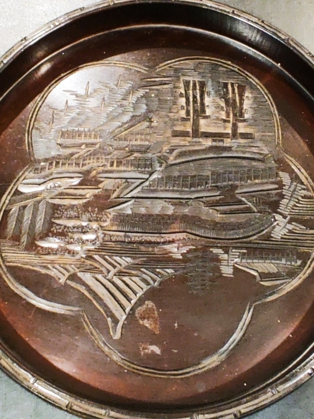 Round Carved Wooden Tray With Japanese Landscape Scene